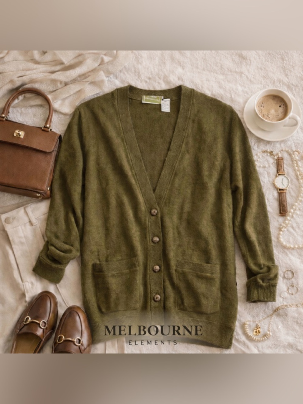 Melbourne Elements Olive Green Button Front Cardigan Sweater
